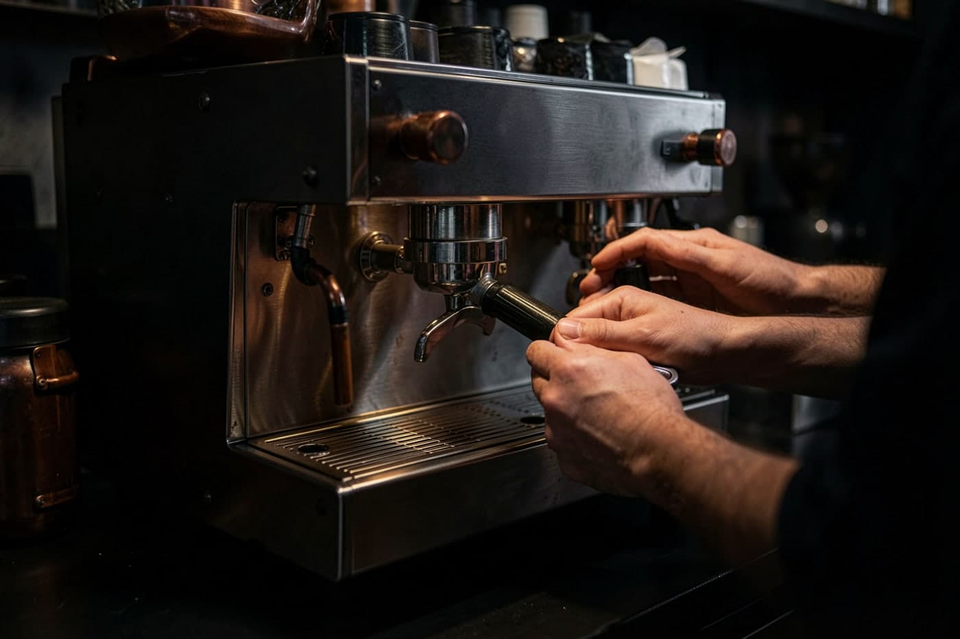 Hands adjusting the pressure valve inside an opened espresso machine.