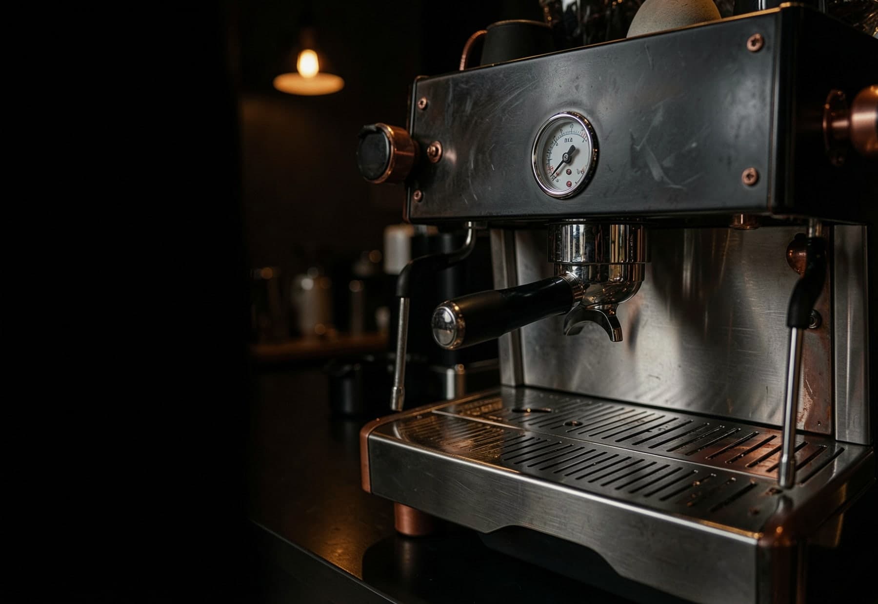 A brushed steel espresso machine with a pressure gauge, its edge falling into shadow.