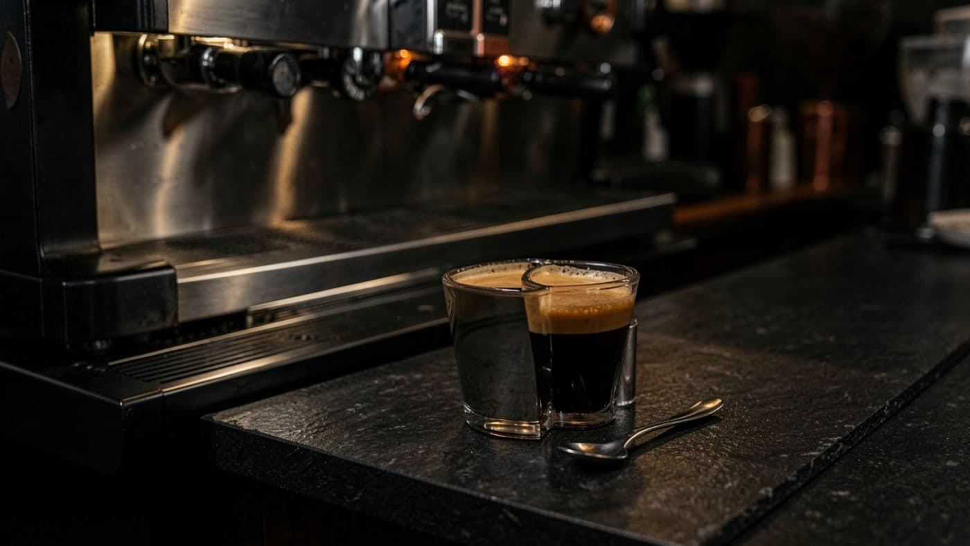 A glass of espresso with thick crema on a dark stone counter.