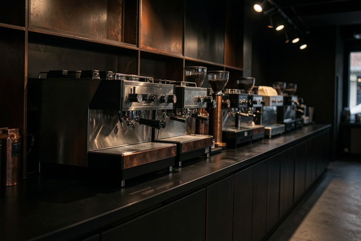 Espresso machines and grinders lined up along a dark showroom counter under warm spotlights.